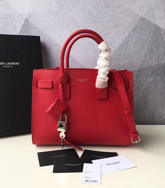 YSL Baby Sac De Jour Red Original Litchi Veins Leather 26cm Souple Duffle Tote Shoulder Bag