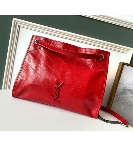 YSL Niki Red Original Oil Wax Wrinkly Real Leather Medium Shopping Bag