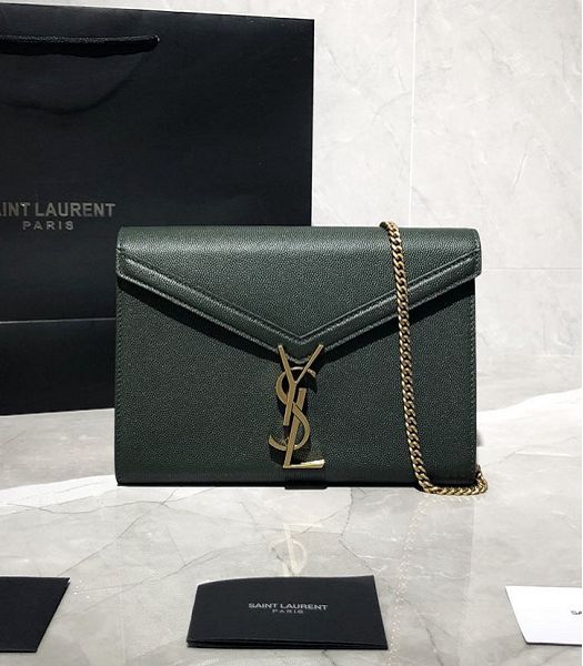 YSL Cassandra Green Original Caviar Leather Golden Metal Wallet On Chain