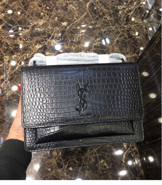 YSL Sunset Black Original Croc Veins Real Leather Black Metal Medium Flap Shoulder Bag