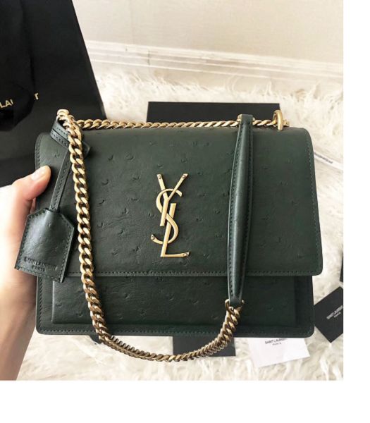 YSL Sunset Green Original Ostrich Pattern Leather Golden Metal Medium Flap Shoulder Bag