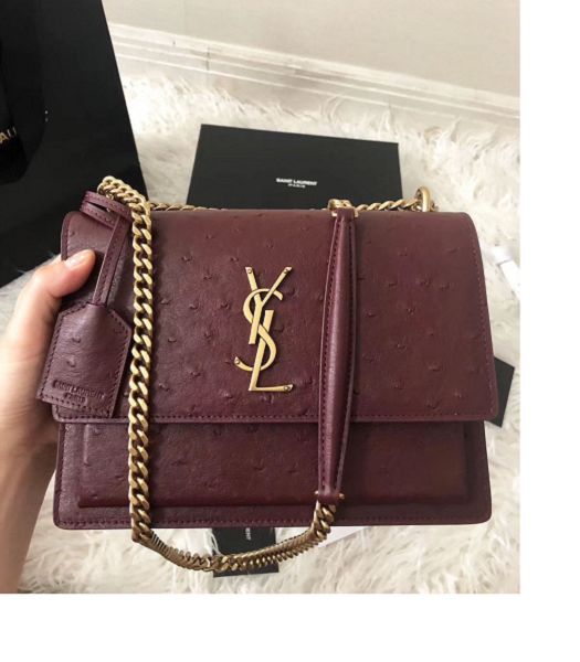 YSL Sunset Wine Red Original Ostrich Pattern Leather Golden Metal Medium Flap Shoulder Bag