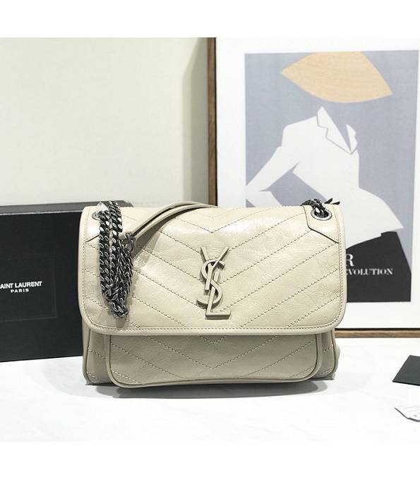 YSL Niki Baby Nude Pink Green Original Oil Wax Wrinkly Calfskin Leather Silver Chain 32cm Shoulder Bag