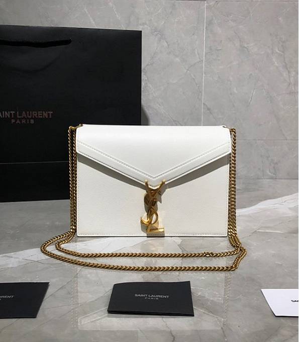 YSL Cassandra White Original Caviar Veins Calfskin Leather Golden Chain Small Clasp Bag