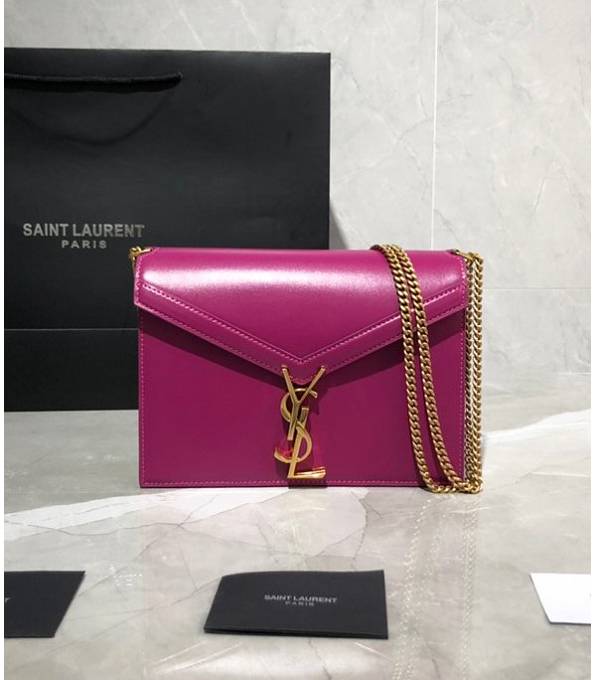 YSL Cassandra Fuchsia Original Plain Veins Calfskin Leather Golden Chain Small Clasp Bag