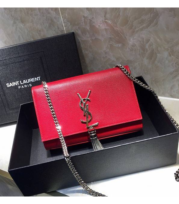 YSL Kate Red Original Caviar Veins Calfskin Leather Tassel Silver Chain 20cm Flap Bag