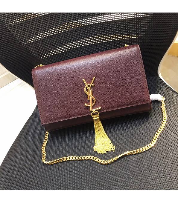 YSL Wine Red Original Caviar Veins Calfskin Leather Golden Chain Tassel 24cm Small Monogram Bag