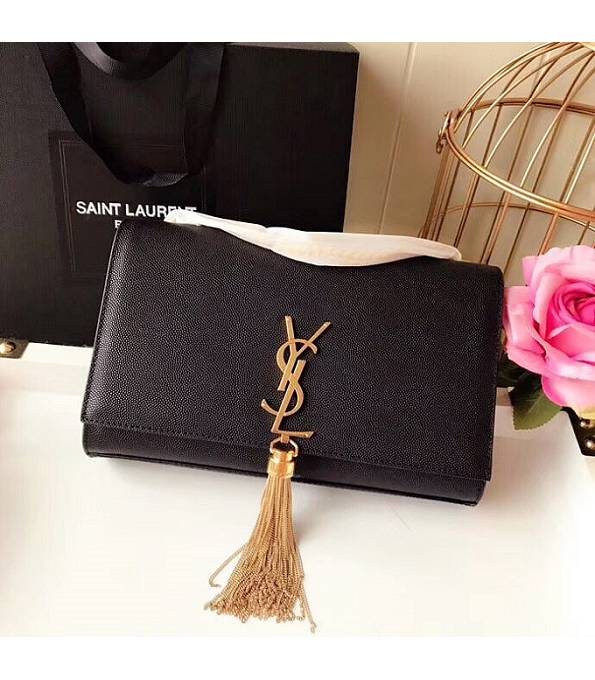 YSL Black Original Caviar Veins Calfskin Leather Golden Chain Tassel 24cm Small Monogram Bag