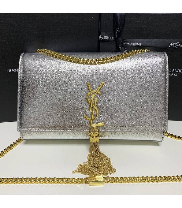 YSL Silver Original Diamond Veins Shiny Calfskin Leather Golden Chain Tassel 24cm Small Shoulder Bag