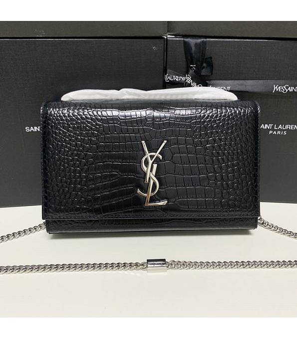 YSL Black Original Croc Veins Calfskin Leather Silver Chain 24cm Small Shoulder Bag