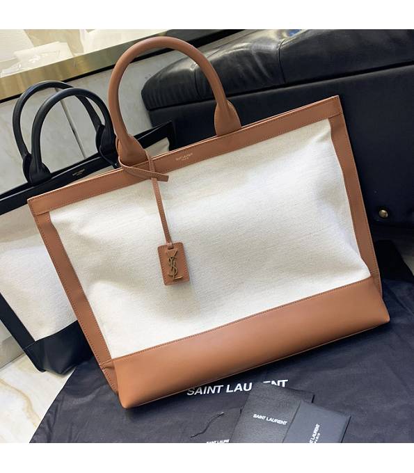 YSL White Canvas With Brown Original Calfskin Leather Shopping Tag Tote Bag