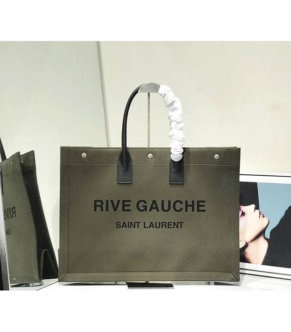 YSL Rive Gauche Army Green Linen With Black Original Leather Large Tote Shopping Bag