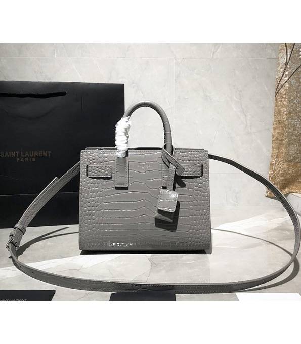 YSL Baby Sac De Jour Grey Original Croc Veins Leather 22cm Souple Duffle Tote Shoulder Bag