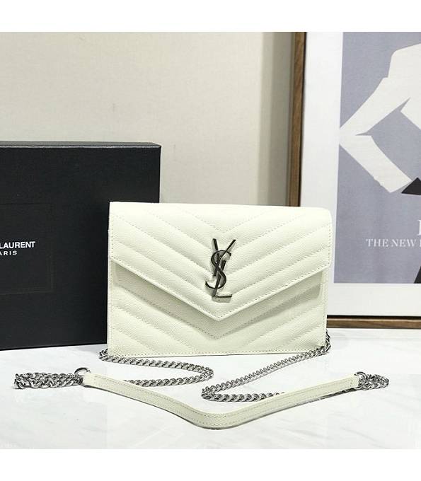 YSL White Original Caviar Veins Leather 19cm Envelope Silver Chain Wallet