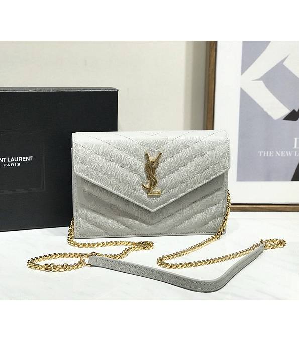 YSL White Original Caviar Veins Leather 19cm Envelope Golden Chain Wallet