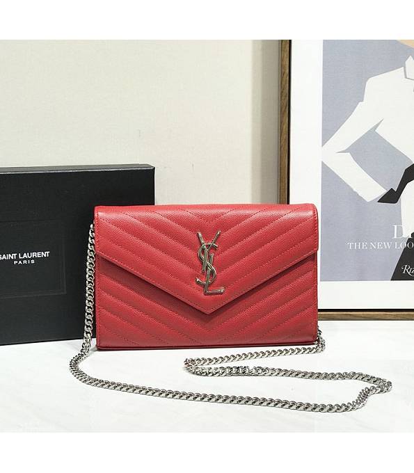 YSL Red Original Caviar Veins Leather 23cm Envelope Silver Chain Wallet