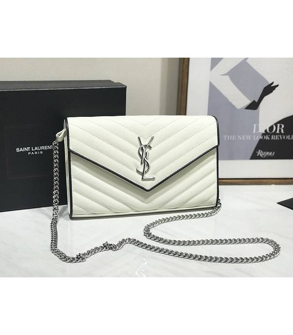 YSL Offwhite Original Caviar Veins Leather 23cm Envelope Silver Chain Wallet