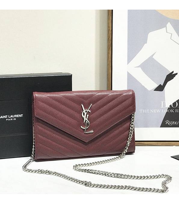 YSL Jujube Original Caviar Veins Leather 23cm Envelope Silver Chain Wallet