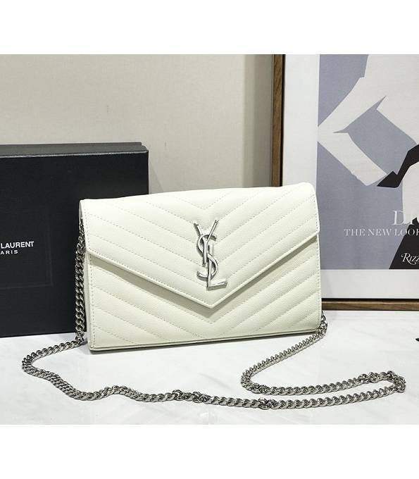 YSL White Original Caviar Veins Leather 23cm Envelope Silver Chain Wallet