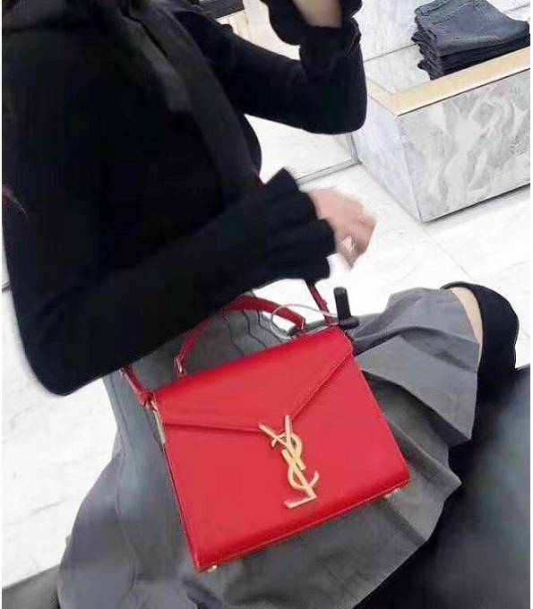 YSL Cassandra Red Original Caviar Veins Leather Golden Metal Mini Top Handle Bag