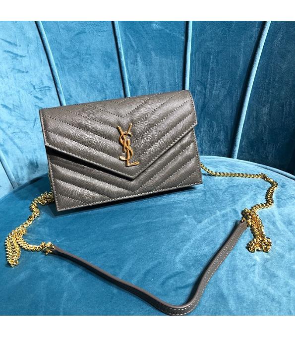 YSL Grey Original Caviar Veins Leather 19cm Envelope Golden Chain Wallet