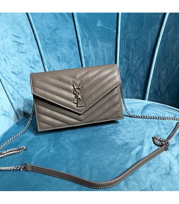 YSL Grey Original Caviar Veins Leather 19cm Envelope Silver Chain Wallet