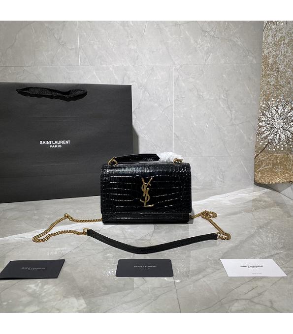 YSL Sunset Black Original Croc Veins Real Leather Golden Metal Wallet On Chain