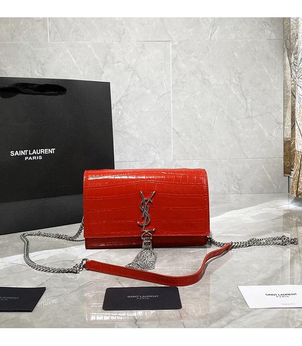 YSL Kate Monogram Red Original Croc Veins Real Leather Tassel Silver Metal Wallet On Chain