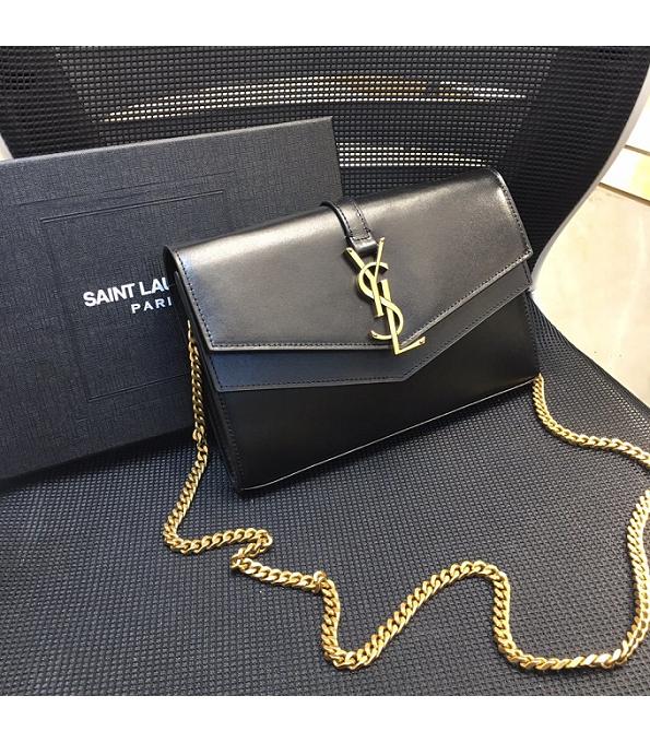 YSL Sulpice Black Original Smooth Real Leather Golden Metal Chain Wallet