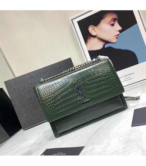 YSL Sunset Green Original Croc Veins Real Leather Silver Metal Medium Flap Shoulder Bag