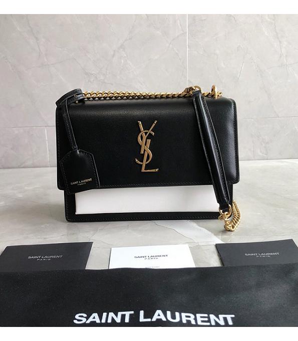 YSL Sunset Black/White Original Pin Stripes Real Leather Golden Metal Medium Flap Shoulder Bag