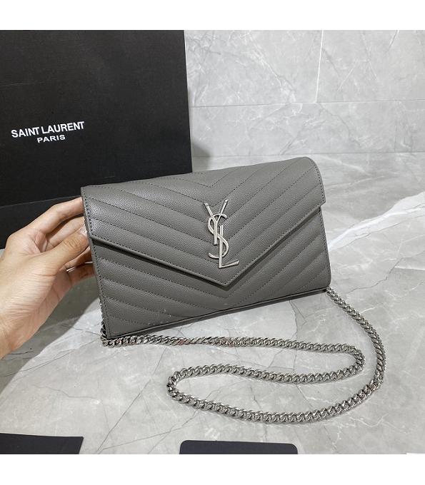 YSL Kate Grey Original Caviar Veins Leather 22cm Monogram Silver Chain Wallet