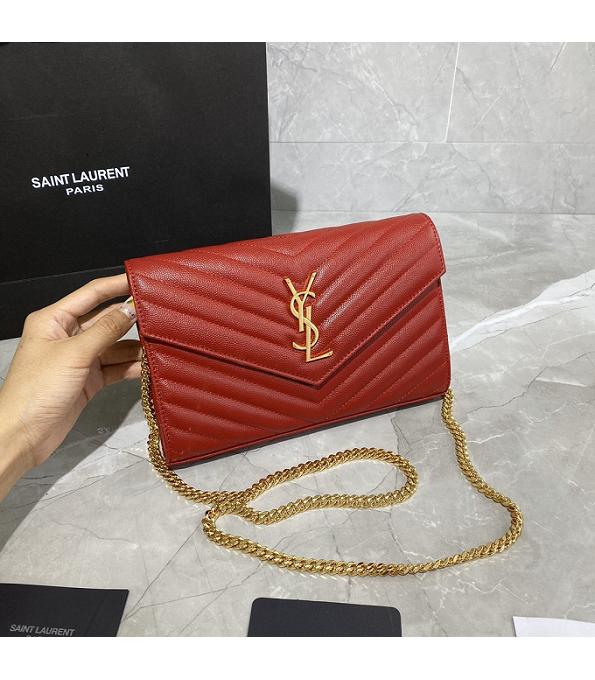 YSL Kate Red Original Caviar Veins Leather 22cm Monogram Golden Chain Wallet