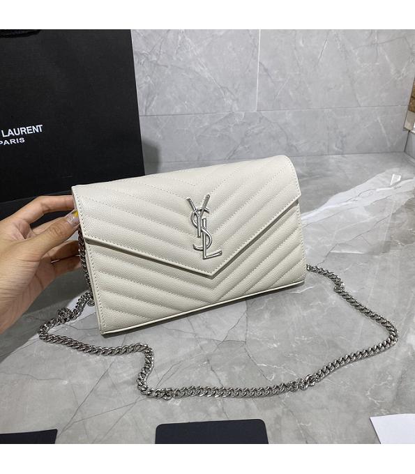 YSL Kate White Original Caviar Veins Leather 22cm Monogram Silver Chain Wallet