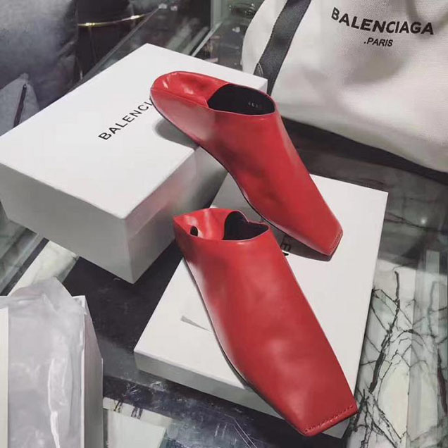 Balenciaga Square Toe Mule Sandal Pumps Calfskin Leather Fall Winter 2017 Collection Red