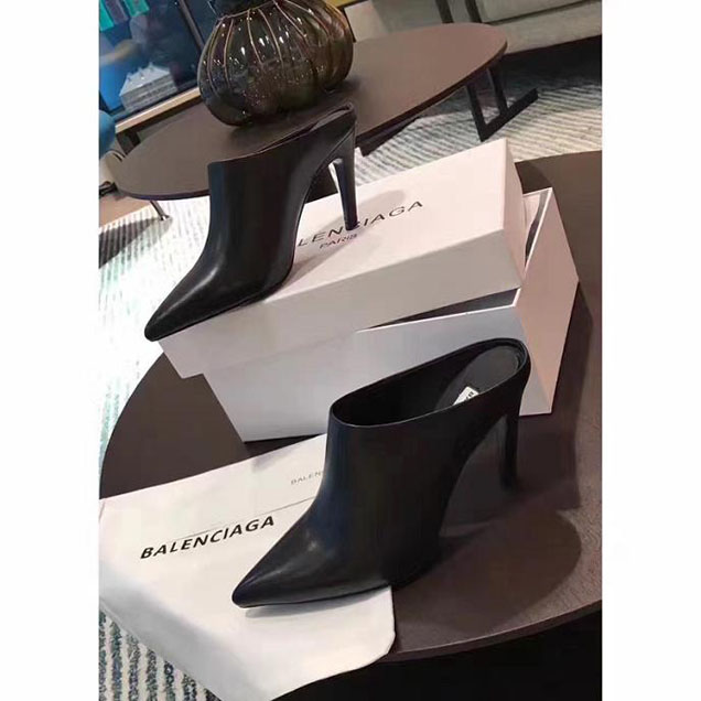 Balenciaga Broken Heel Pointy Pump Slide Mules Calfskin Leather Fall Winter 2017 Collection Black