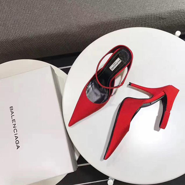 Balenciaga Pointy Toe Open Back Pump Spandex Knife Stiletto Pumps Calfskin Leather Fall Winter 2017 Collection Red