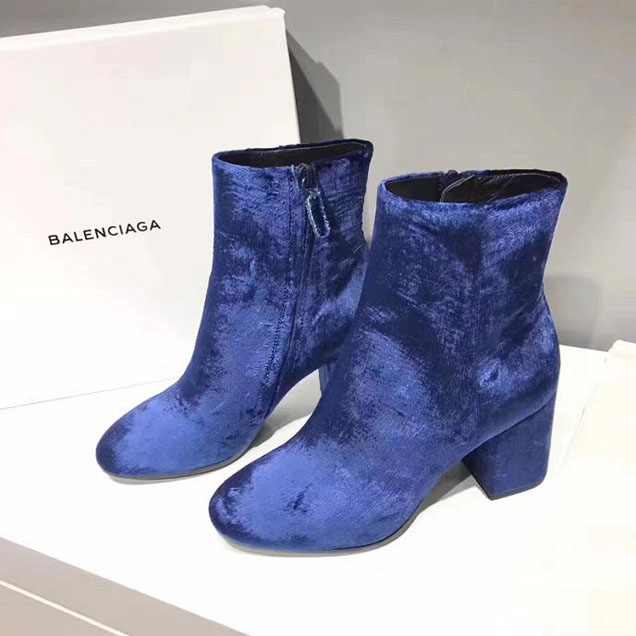 Balenciaga Block Heel Ankle Velour Booties Calfskin Leather Fall Winter 2017 Collection Blue