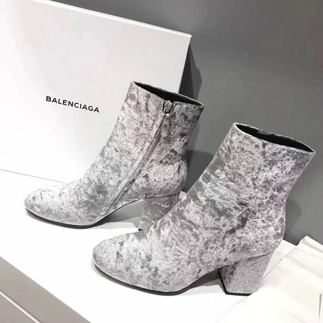 Balenciaga Block Heel Ankle Velour Booties Calfskin Leather Fall Winter 2017 Collection Silver