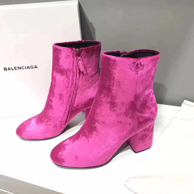 Balenciaga Block Heel Ankle Velour Booties Calfskin Leather Fall Winter 2017 Collection Fuchsia