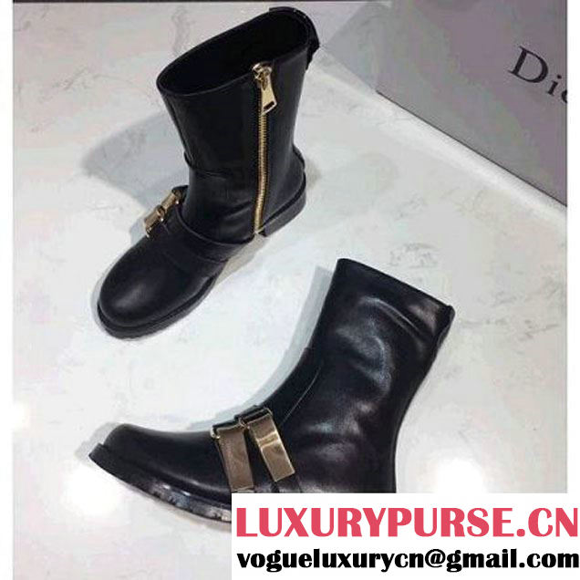 Dior Black Calfskin Zipped Ankle Boot With Gold-tone Buckles 2017 (1A022-7102032 )