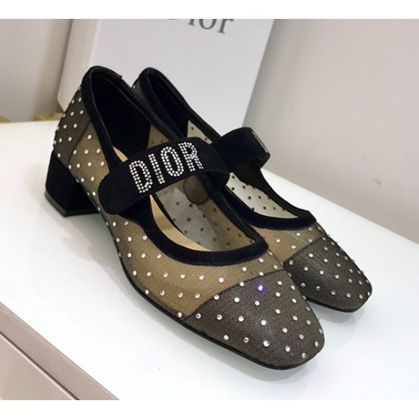 Dior Baby-D "Mary Jane" Ballet Pump in Dotted Swiss Mesh Black/Crystal White 2019