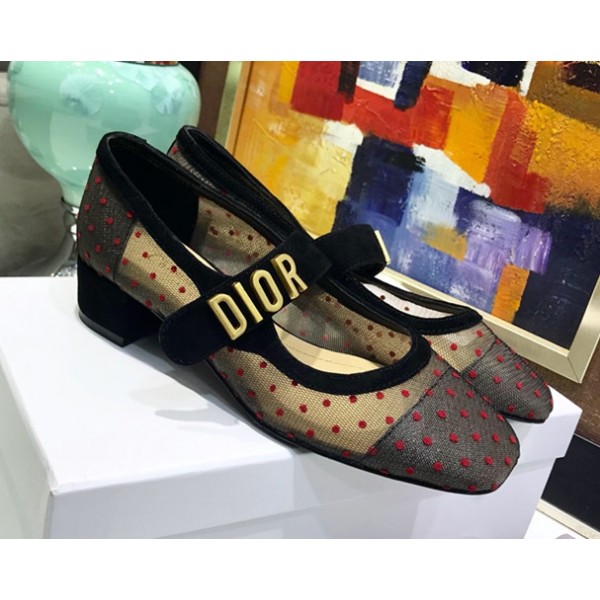 Dior Baby-D "Mary Jane" Ballet Pump in Dotted Swiss Mesh Black/Red 2019