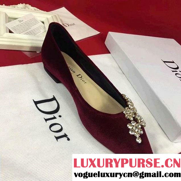 Dior Embellished Rhinestones Velvet Ballet Pump Burgundy 2018 (A8-8010917 )