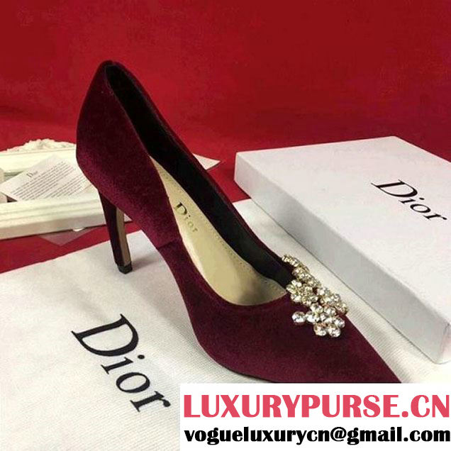 Dior Embellished Rhinestones Velvet High-heeled Pump Burgundy 2018 (A8-8010915 )