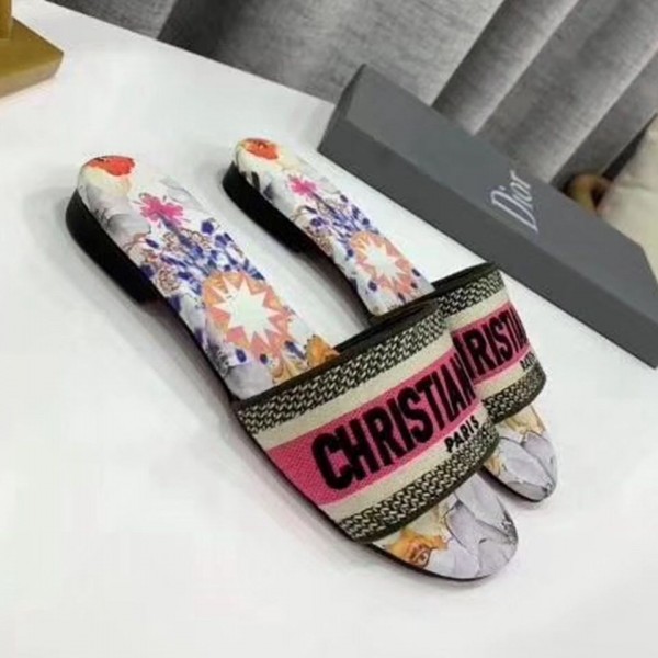 Dior Dway Embroidered Cotton Flat Slide Sandals Pink 2019 Collection