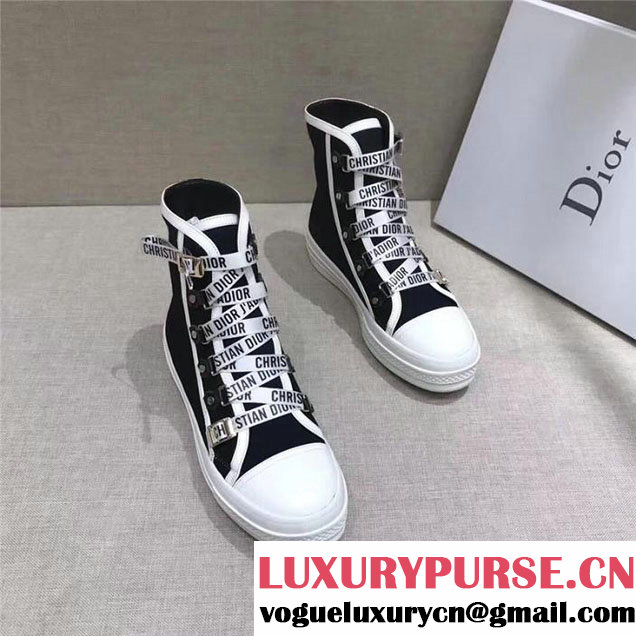 Christian Dior J'Adior Canvas High Top Sneakers Calfskin Leather Fall Winter 2017 Collection Black White