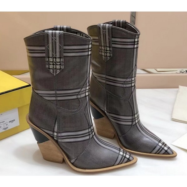 Fendi Heel 10cm Cowboy Wales Chequered Motif Ankle Boots Dark Grey 2018