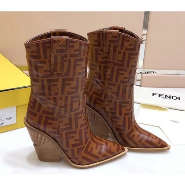 Fendi Heel 10cm Cowboy FF Motif Ankle Boots Beige 2018