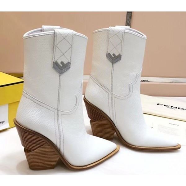 Fendi Heel 10cm Cowboy F-shaped embroidery Ankle Boots White 2018